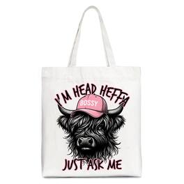 OrnamentallyYou - Bossy Highland Cow Canvas Tote Bag, Head Heifer Funny Western Gift Shopper - White