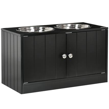 Front. Pawhut - Elevated Dog Bowls with Storage Cabinet Containing 44L Capacity, Raised Bowl Stand, Food Bowl, Feeding Station - Black.