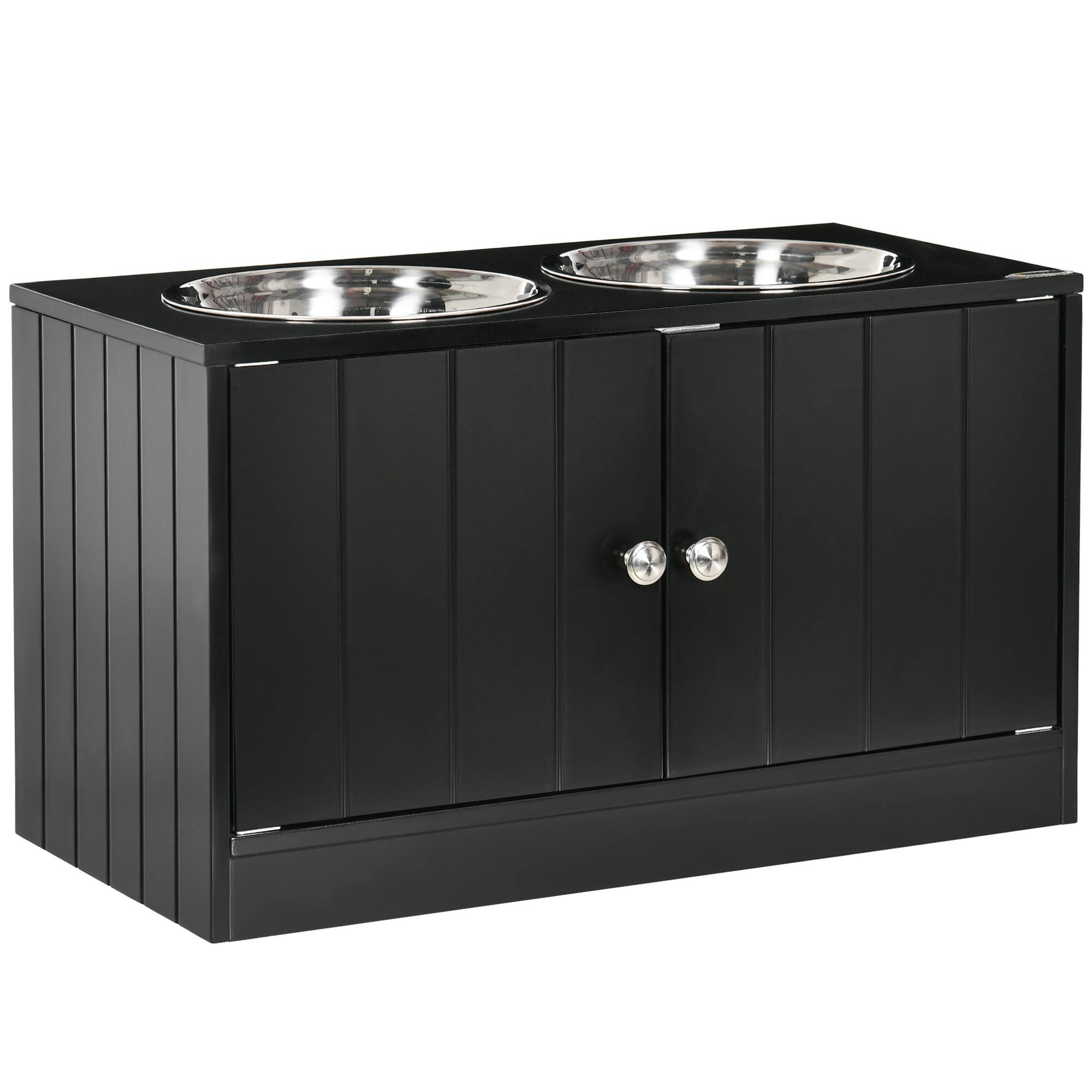 Front. Pawhut - Elevated Dog Bowls with Storage Cabinet Containing  44L Capacity, Raised Bowl Stand, Food Bowl, Feeding Station - Black.
