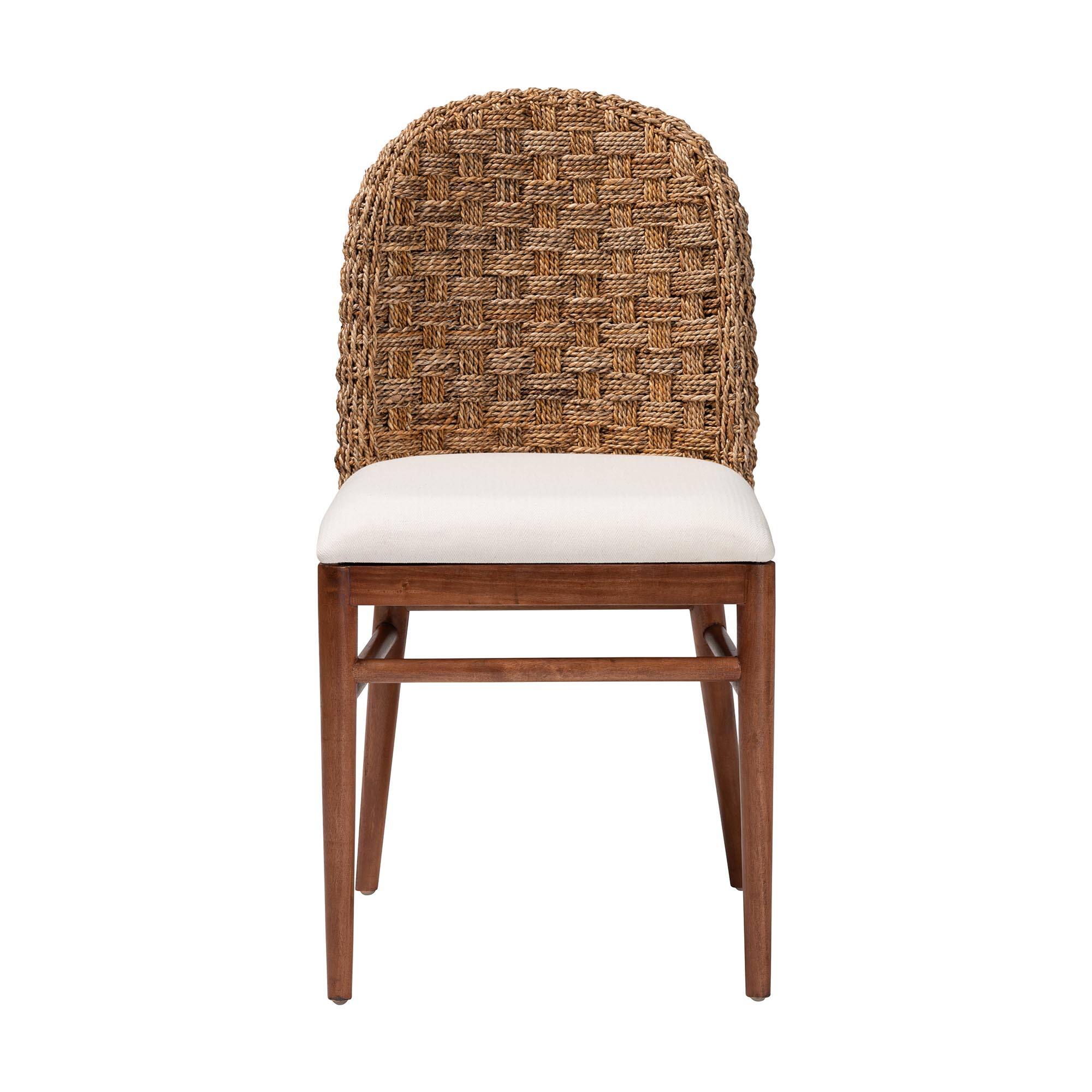 Angle. bali & pari - Denver Modern Bohemian Finished Acacia Wood and Seagrass Dining Chair - White/Walnut Brown.