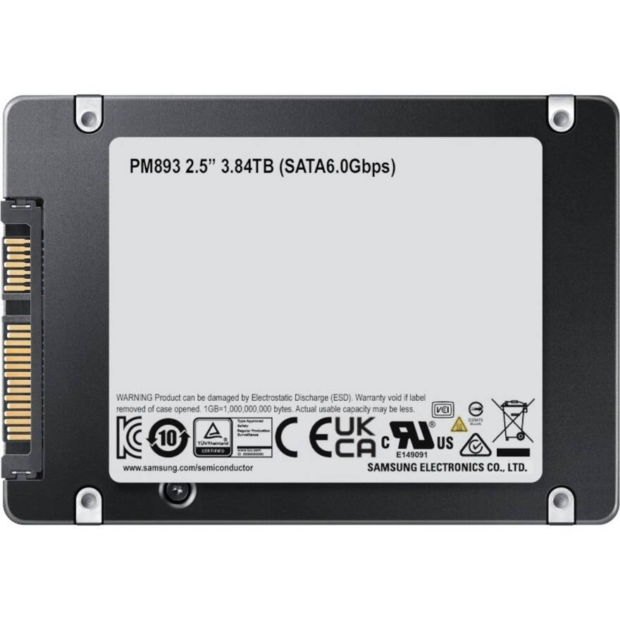 PM893 2.5" 3.84TB (SATA6.0Gbps)

WARNING: Product can be damaged by Electrostatic Discharge (ESD). Warranty void if label removed or case opened. 1GB=1,000,000,000 bytes. Actual usable capacity may be less.

VE1 -o CMN UK LR K 10 TUVRhatana CTES CE CA E149091 US

www.samsung.com/semiconductor

SAMSUNG ELECTRONICS CO., LTD.