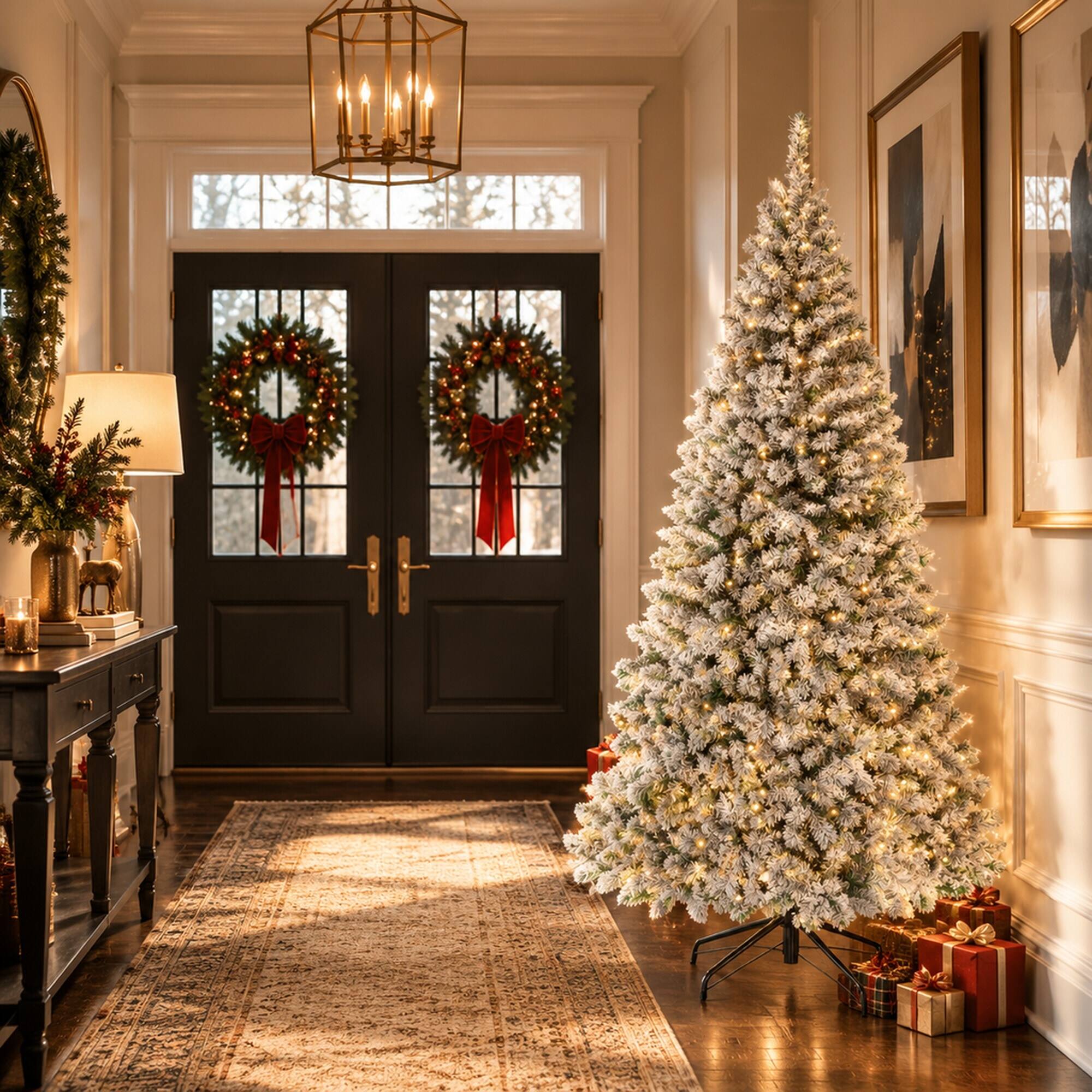 Alt View 2. RYHNUYNE - 6FT Pre-Lit Flocked Fraser Fir Christmas Tree With LED Lights and Hinged Branches, Foldable Metal Base - White.