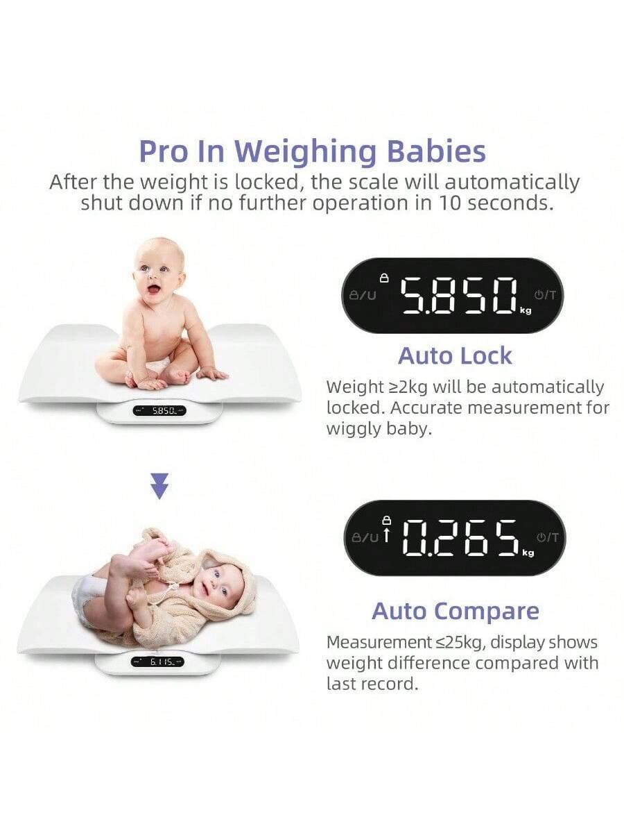 Pro In Weighing Babies  
After the weight is locked, the scale will automatically shut down if no further operation in 10 seconds.

Auto Lock  
Weight ≥2kg will be automatically locked. Accurate measurement for wiggly baby.

Auto Compare  
Measurement ≤25kg, display shows weight difference compared with last record.