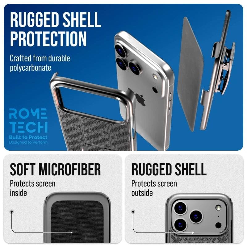 RUGGED SHELL PROTECTION  
Crafted from durable polycarbonate  

SOFT MICROFIBER  
Protects screen inside  

RUGGED SHELL  
Protects screen outside