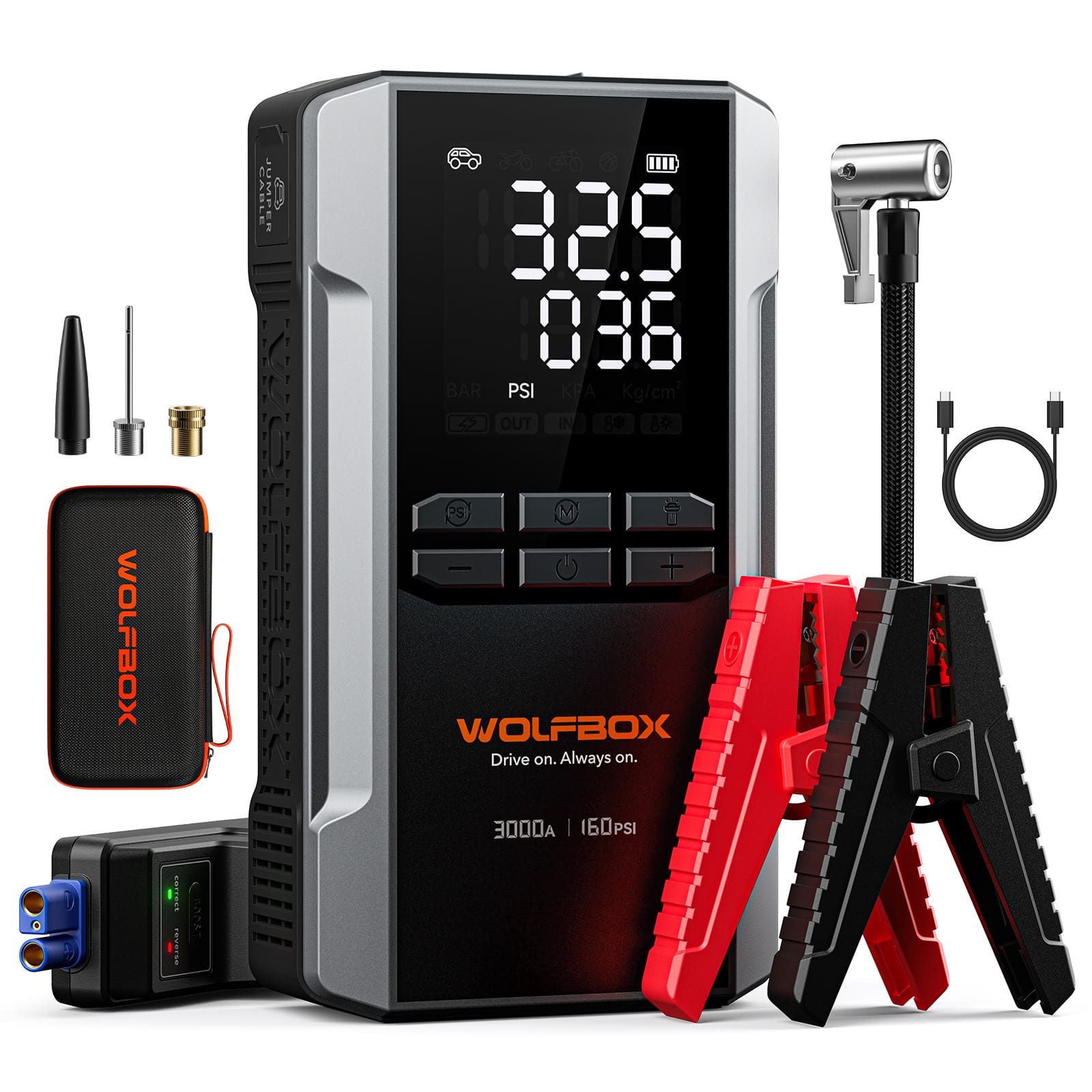 WOLFBOX - 3000A Automotive Jump Starter with 160 PSI Portable Air Compressor, 12V Battery Pack for 8L Gas & 6L Diesel Engines