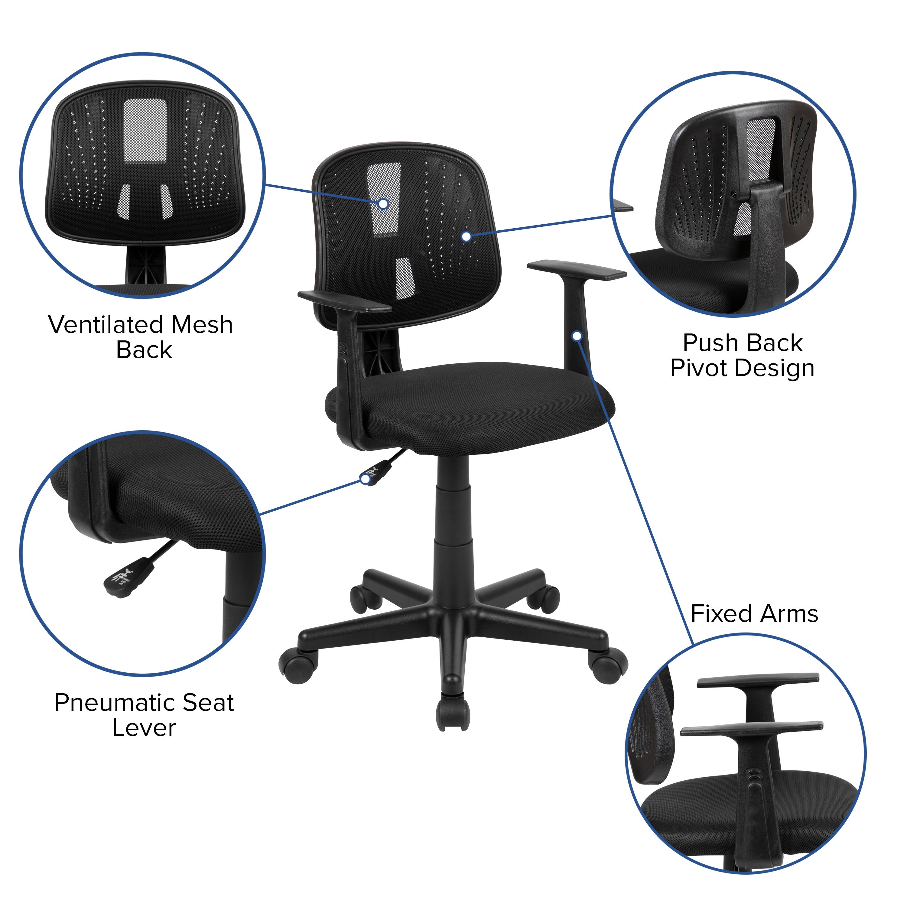Ventilated Mesh Back  
Push Back Pivot Design  
Fixed Arms  
Pneumatic Seat Lever