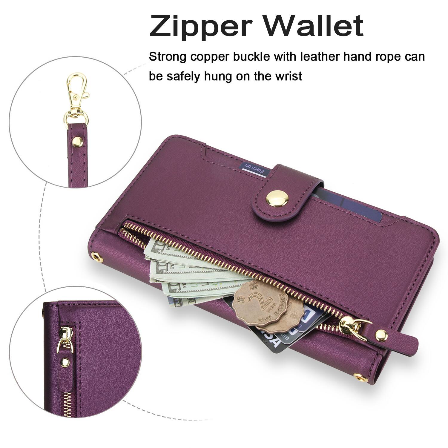 Zipper Wallet

Strong copper buckle with leather hand rope can be safely hung on the wrist