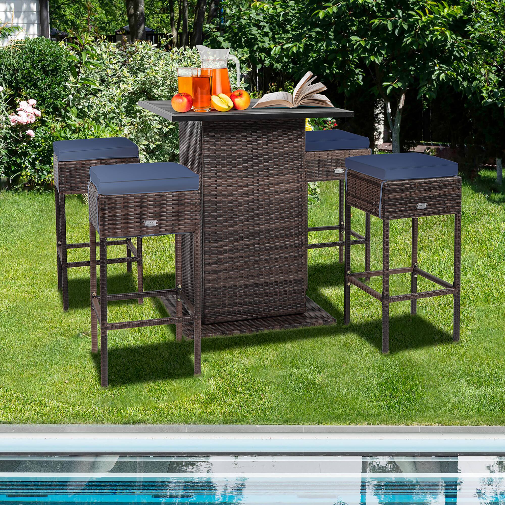 Alt View 3. Gymax - Gymax 5PCS Patio Bar Set Rattan Bar Furniture Set w/ Table & 4 Cushioned Stools Navy - Navy.