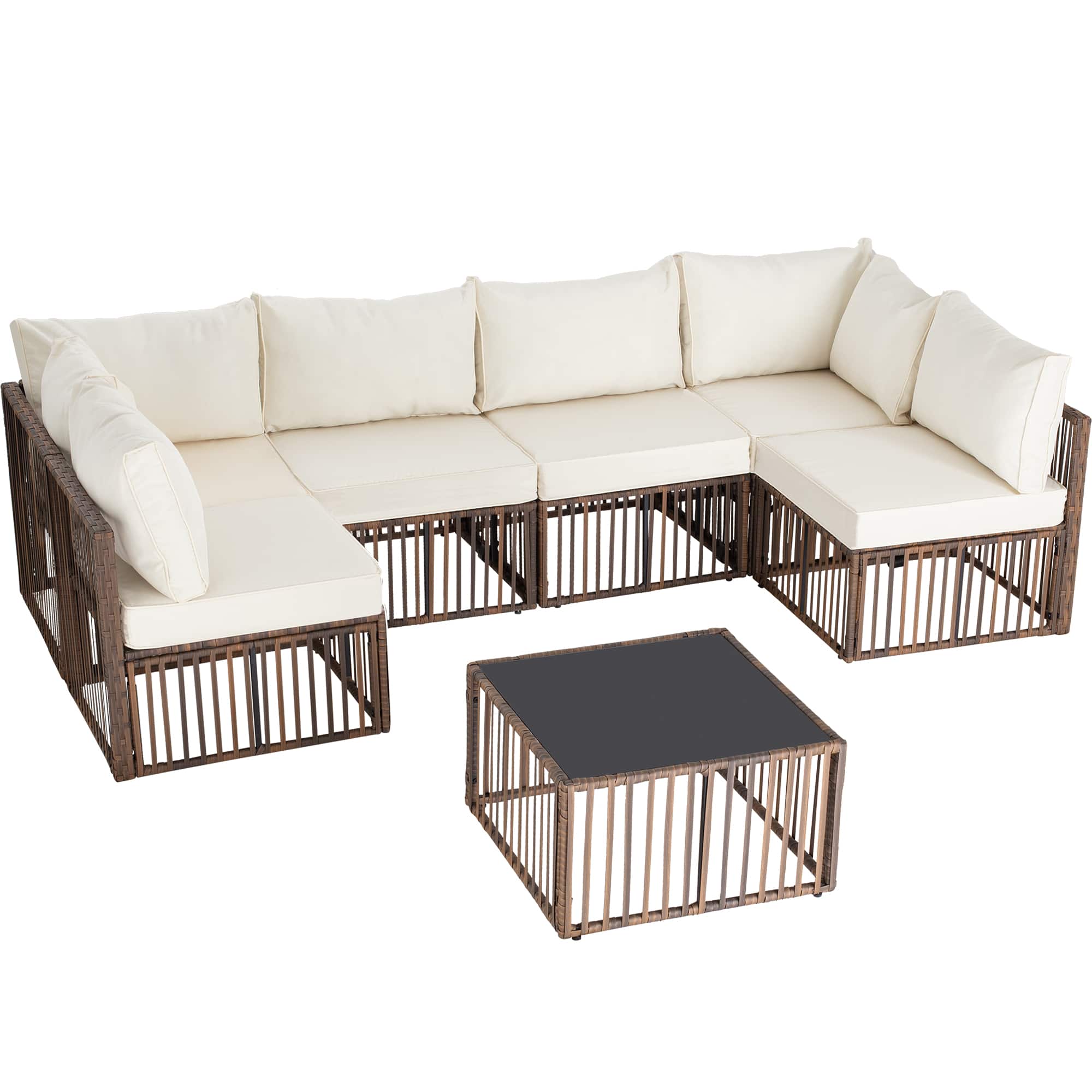 Ainfox - Ainfo 7 Pieces Outdoor Patio Furniture Set,Wicker Outdoor Sectional Conversation Couch Set for Garden Porch Poolside - brown and white