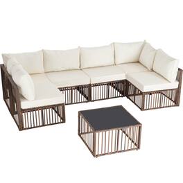 Ainfox - Ainfo 7 Pieces Outdoor Patio Furniture Set,Wicker Outdoor Sectional Conversation Couch Set for Garden Porch Poolside - brown and white