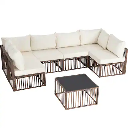 Front. Ainfox - Ainfo 7 Pieces Outdoor Patio Furniture Set,Wicker Outdoor Sectional Conversation Couch Set for Garden Porch Poolside - brown and white.