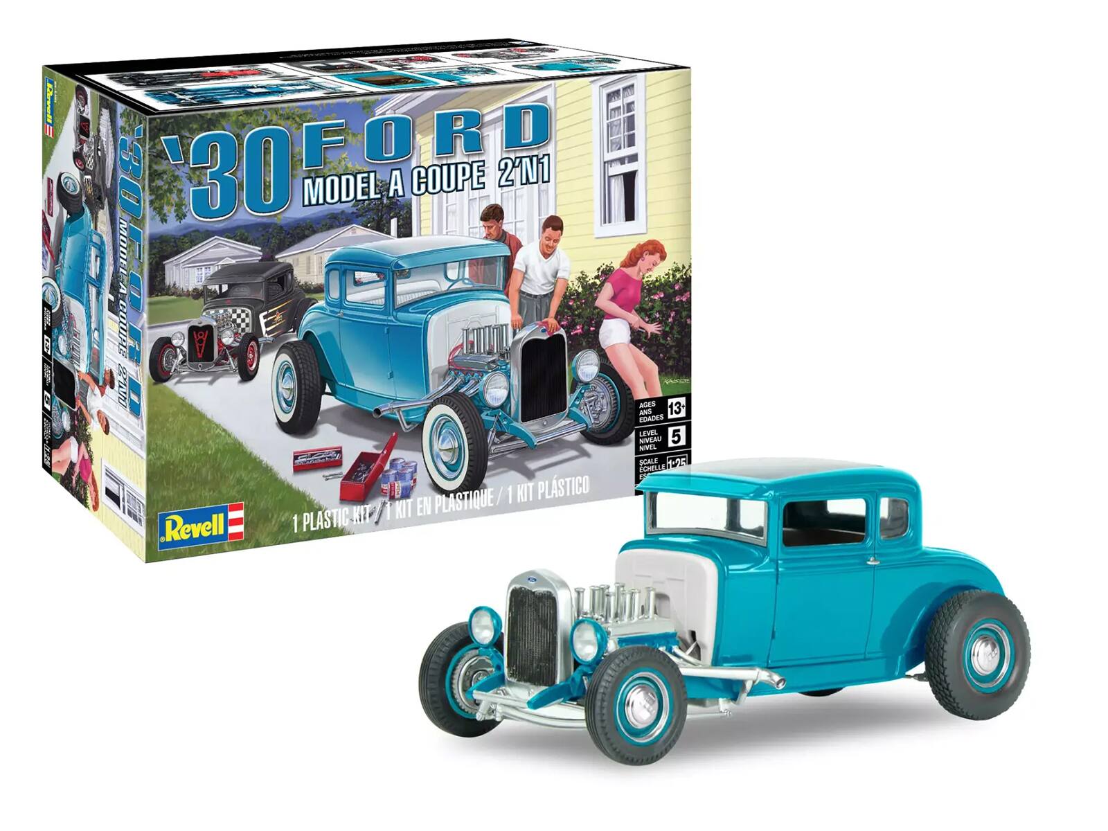 Sure, here is the corrected and grouped text from the image:

---

**Revell**

**1930 FORD MODEL A COUPE 2'N1**

**1 PLASTIC KIT / 1 KIT EN PLASTIQUE / 1 KIT PLÁSTICO**

**EDADES / AGES / ÂGES**  
**13+**

**NIVEL / LEVEL / NIVEAU**  
**5**

**Escala / Scale / Échelle**  
**1:25**

**1 PLASTIC KIT / 1 KIT EN PLASTIQUE / 1 KIT PLÁSTICO**

---

This text is taken from the packaging of the model kit.