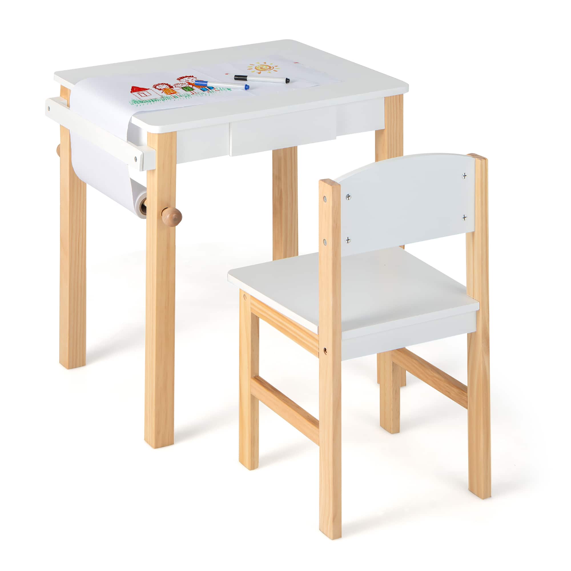 Costway - Kids Table and Chair Set Wooden Activity Drawing Study Desk with Paper Roll Drawer - Natural,White