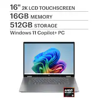 HP - OmniBook X Flip 2-in-1 - Copilot+ PC - 16" 2K Touch-Screen Laptop - AMD Ryzen AI 5 - 16GB Memory - 512GB SSD - Meteor Silver - Front_Zoom