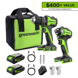 Greenworks - 24V Cordless Brushless Drill/Driver+Impact Driver Combo, w/ 2.0Ah Batteries and Charger - Green