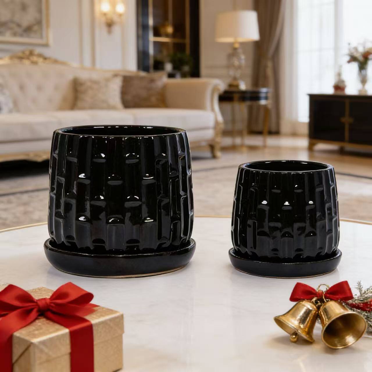 Angle. Loheer - Loheer Ceramic Orchid Pot Set, Handmade Black Planter with Saucer, Breathable Clay, Groove Pattern, 6 and 8 Inch.