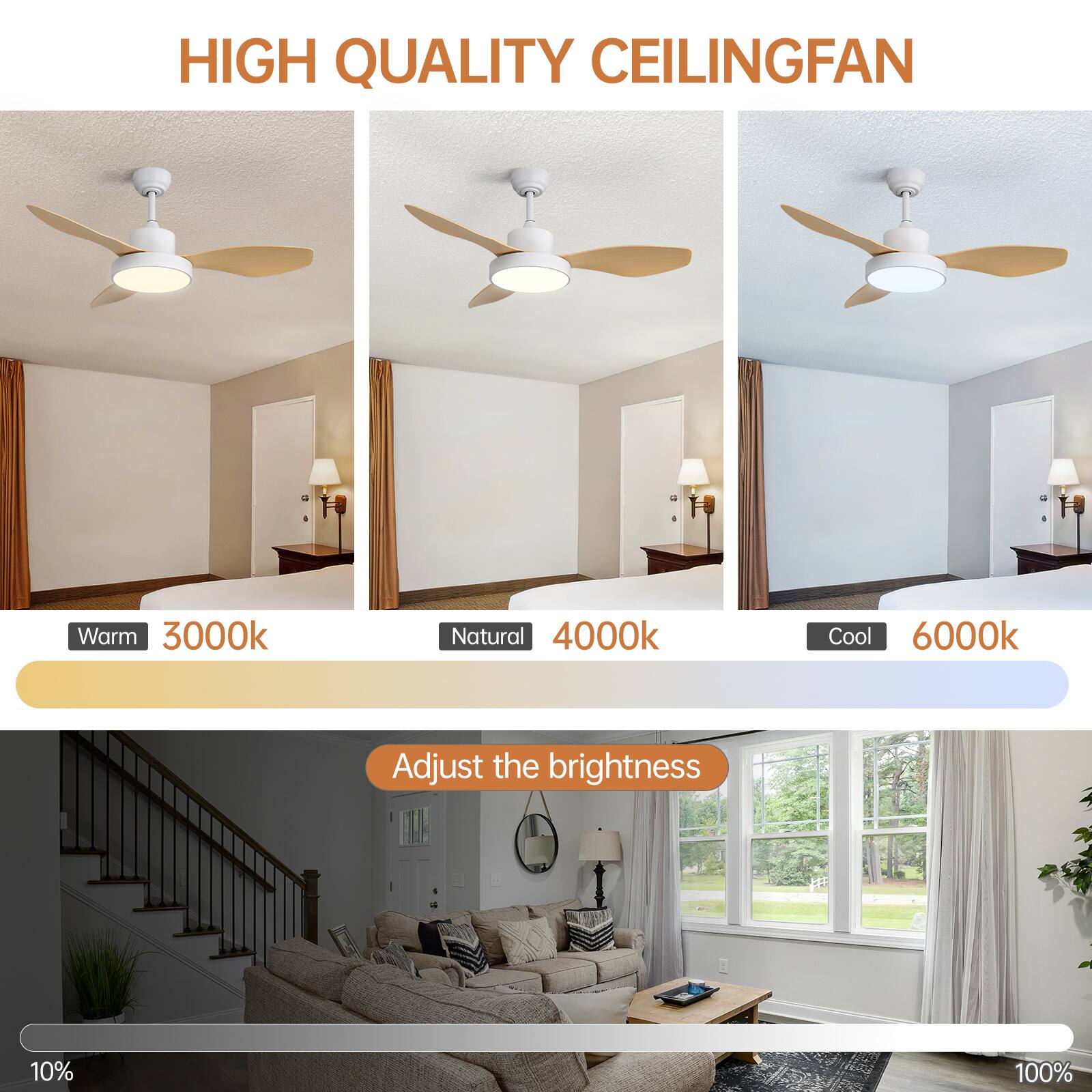 HIGH QUALITY CEILING FAN

Warm 3000k  
Natural 4000k  
Cool 6000k  

Adjust the brightness 10% - 100%