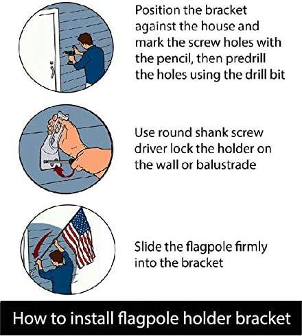 1. Position the bracket against the house and mark the screw holes with the pencil, then predrill the holes using the drill bit.
2. Use a round shank screw driver to lock the holder on the wall or balustrade.
3. Slide the flagpole firmly into the bracket.

How to install flagpole holder bracket