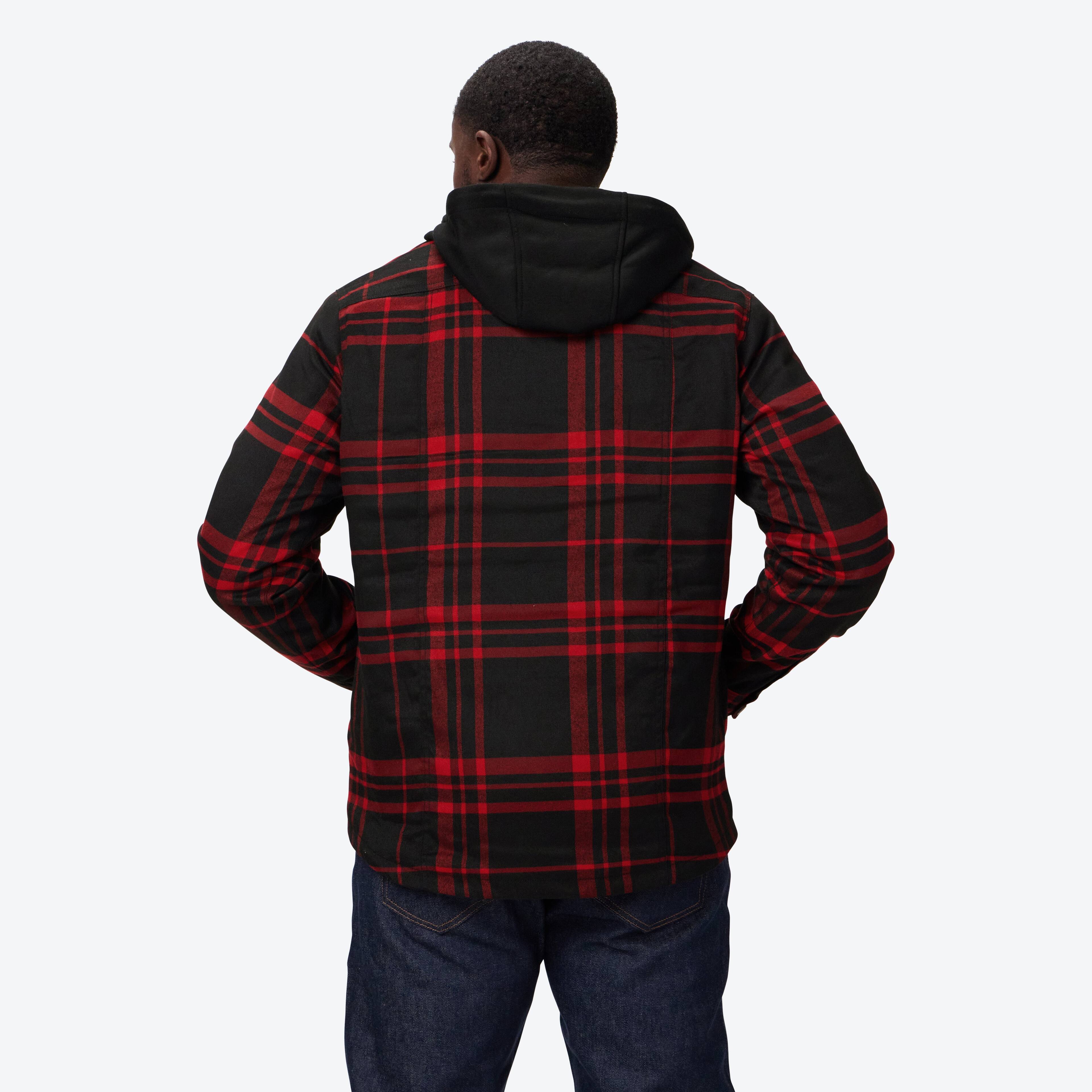 Back. Mobile Warming - Men's Flannel Heated Hoodie Jacket - Black/Red.