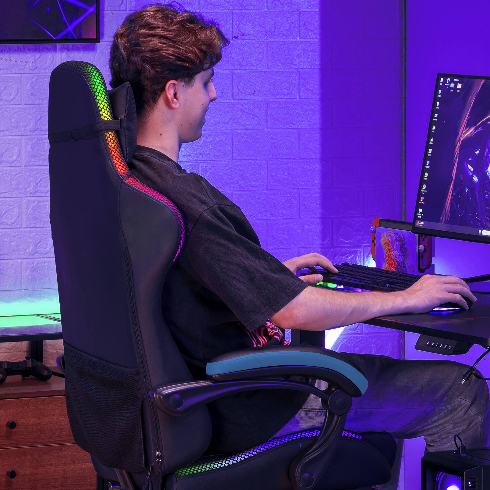 Alt View 4. GTPlayer - RGB Gaming Chair with Footrest and LED Lights Computer Gamer Chair,Blue - Blue.