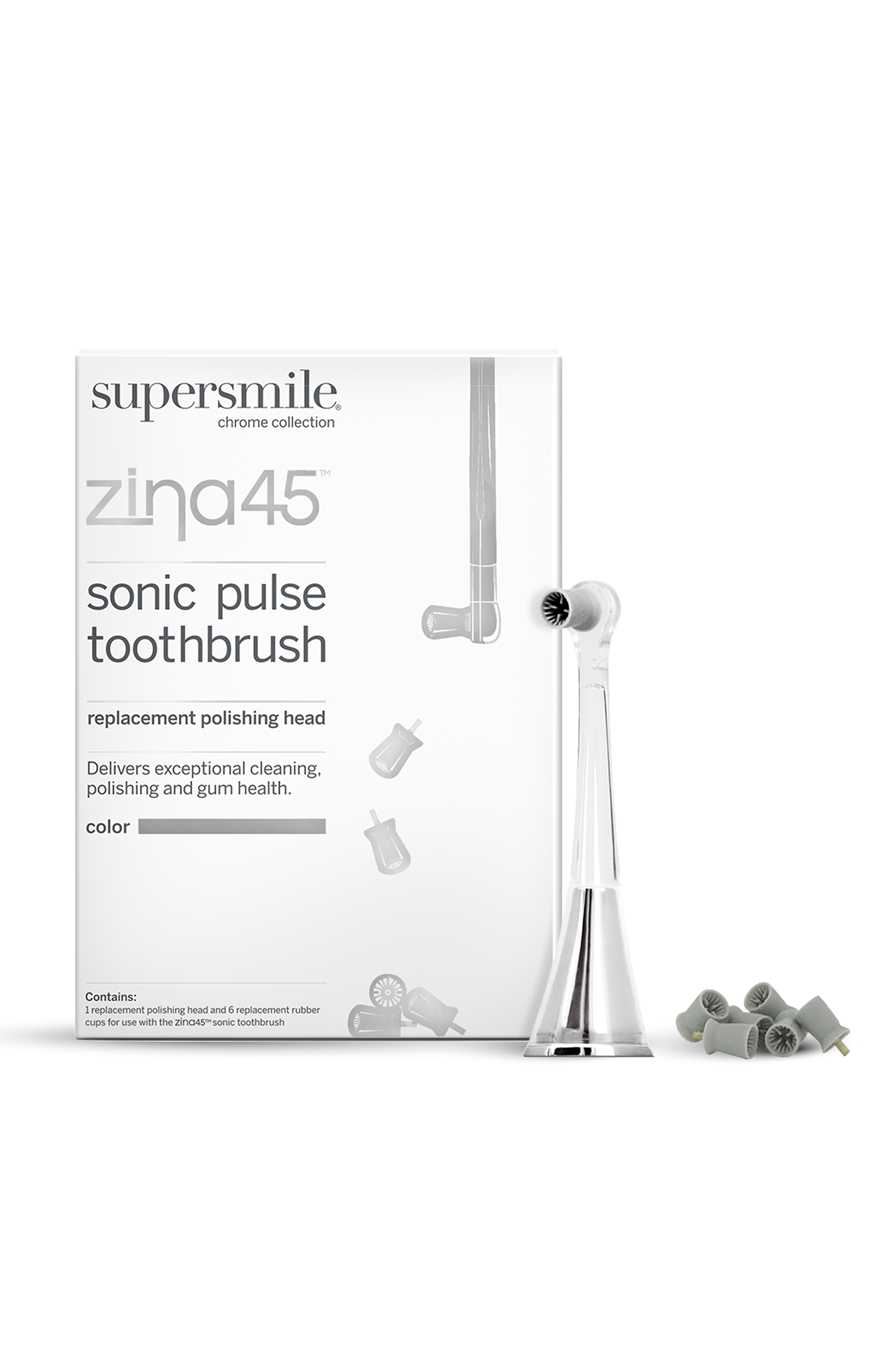 supersmile chrome collection™ zina45 sonic pulse toothbrush replacement polishing head Delivers exceptional cleaning, polishing and gum health. color Contains: 1 replacement polishing head and 6 replacement rubber cups for use with the zina45™ sonic toothbrush