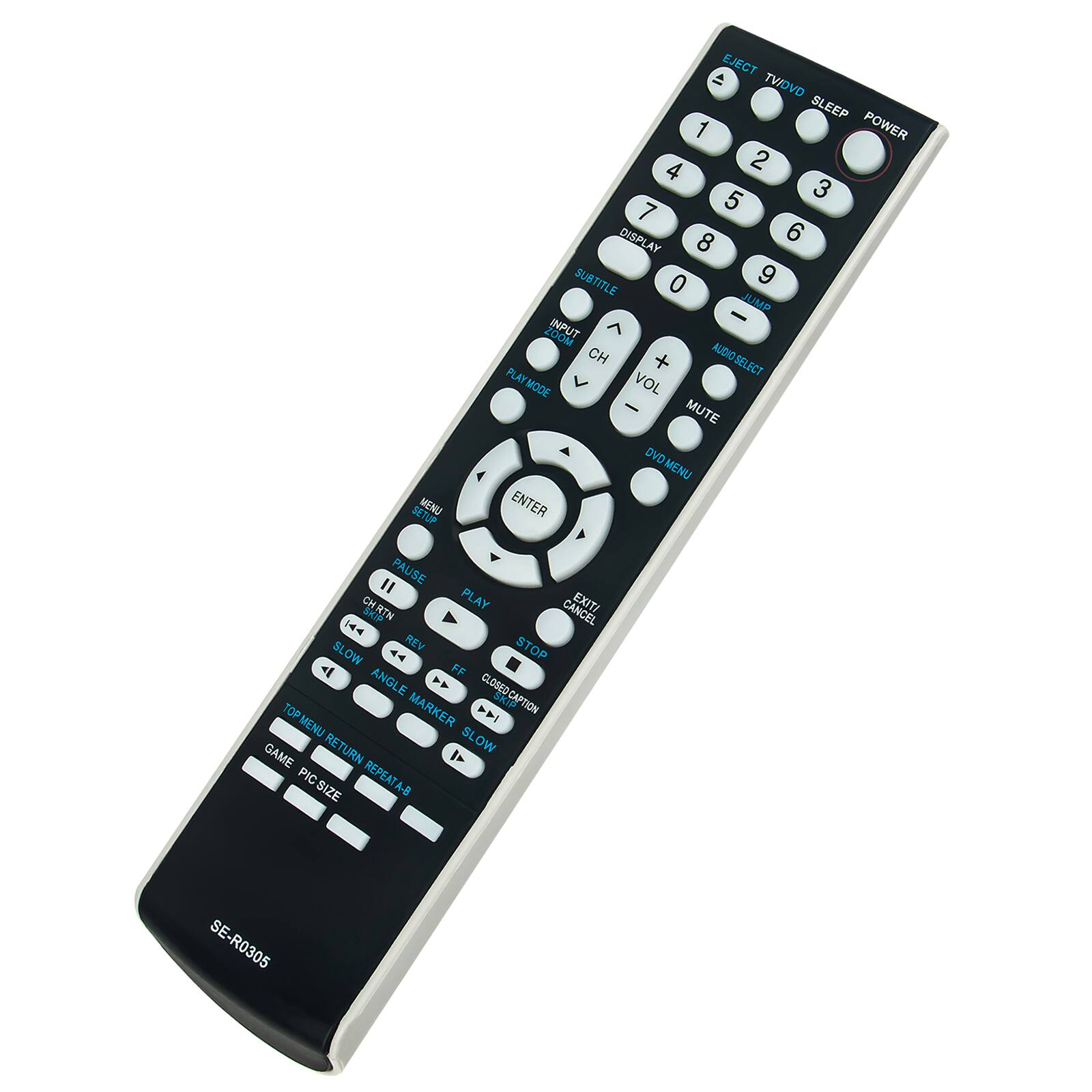 SETUP MENU EJECT TV/DVD SLEEP 1 POWER 2 3 4 5 6 7 8 9 0 DISPLAY SUBTITLE INPUT CH VOL MUTE AUDIOSELECT PLAYMODE DVD MENU ENTER PAUSE CHRTN PLAY CANCEL EXIT/ REV STOP SLOW FF ANGLE CLOBED-CAP MARKER SKIP TOP MENU RETURN SLOW GAME PIC SIZE REPEAT A-B SE-R0305
