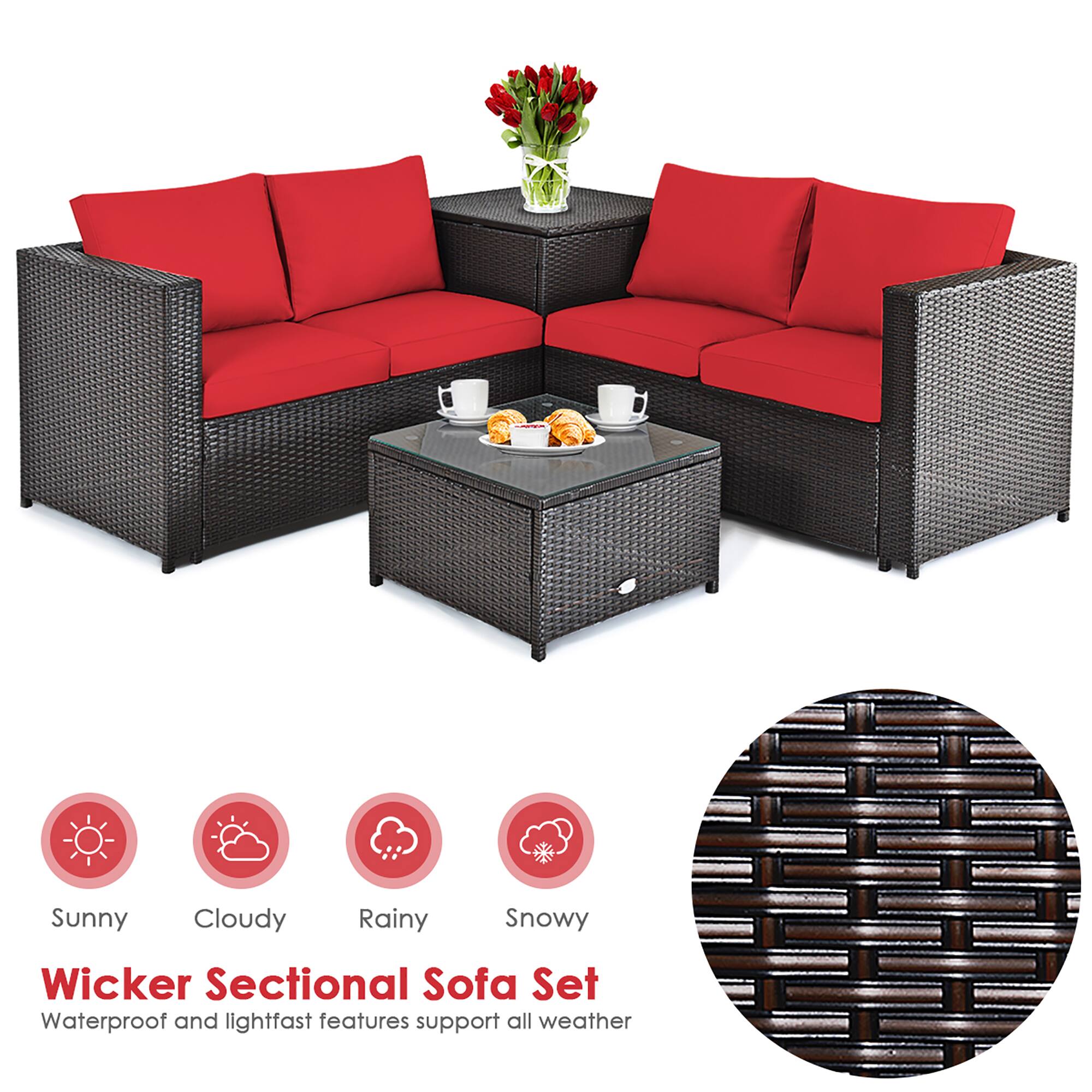 Sunny Cloudy Rainy Snowy

Wicker Sectional Sofa Set

Waterproof and lightfast features support all weather