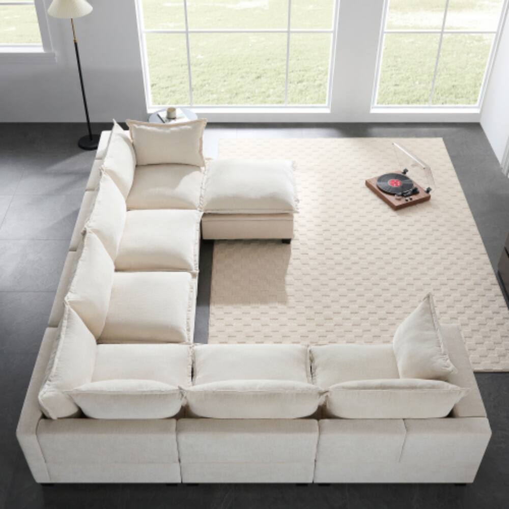 Alt View 2. LUCKY ONE - 117.5" U-Shape 7-Seat Modular Chenille Sofa w/ Movable Storage Ottoman & 2 Pillows - Beige.