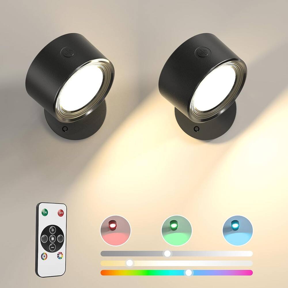 Front. PARKER SLATER - LED Wall Lights 2PCS, RGB Ambient Sconces with Remote, Rechargeable 3000mAh Battery, Dimmable 3 Color Temps - Black-Colorful Light.