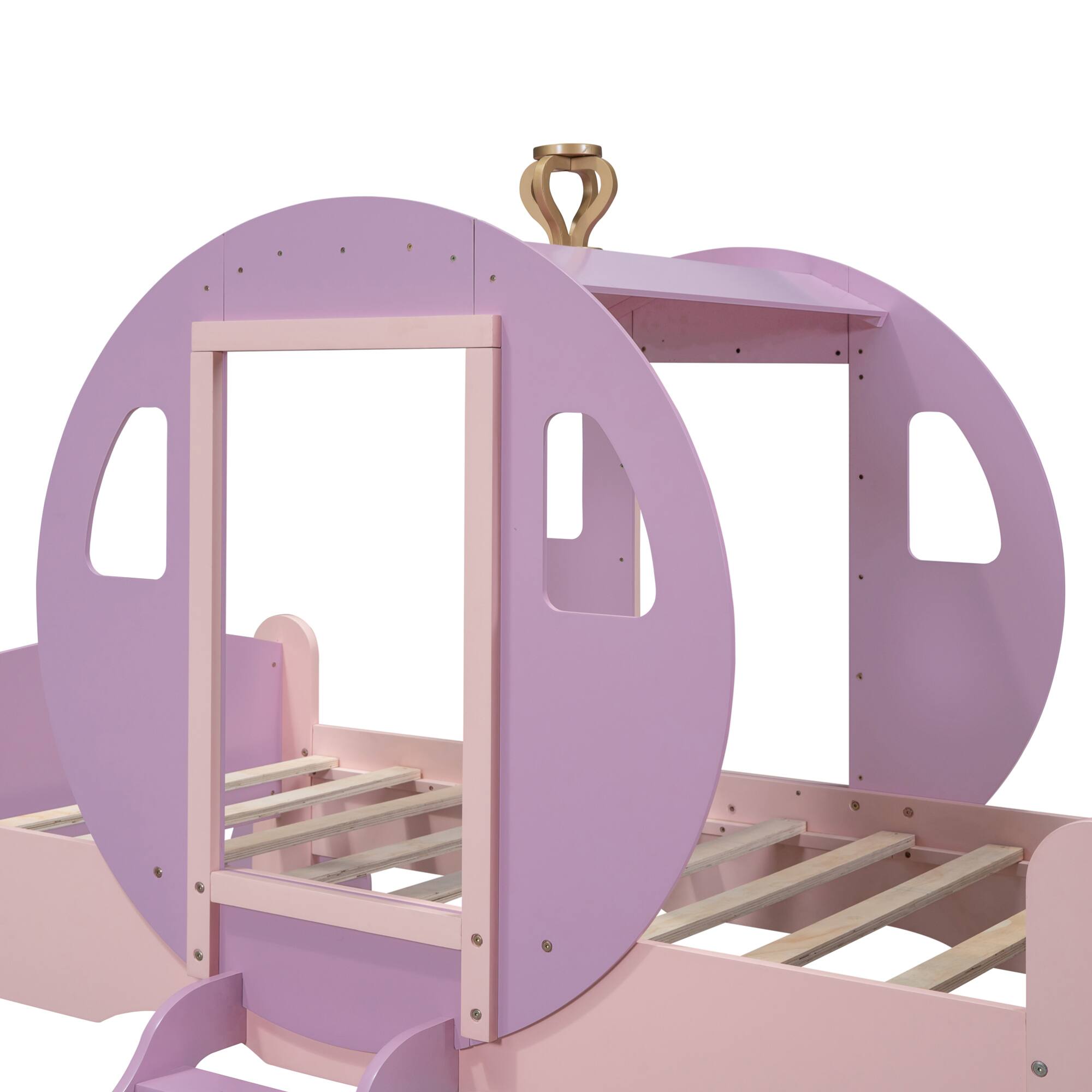 Alt View 8. GOODSILO - Twin Size Princess Carriage Bed with Crown and Wood Platform Design Including Staircase - Pink.