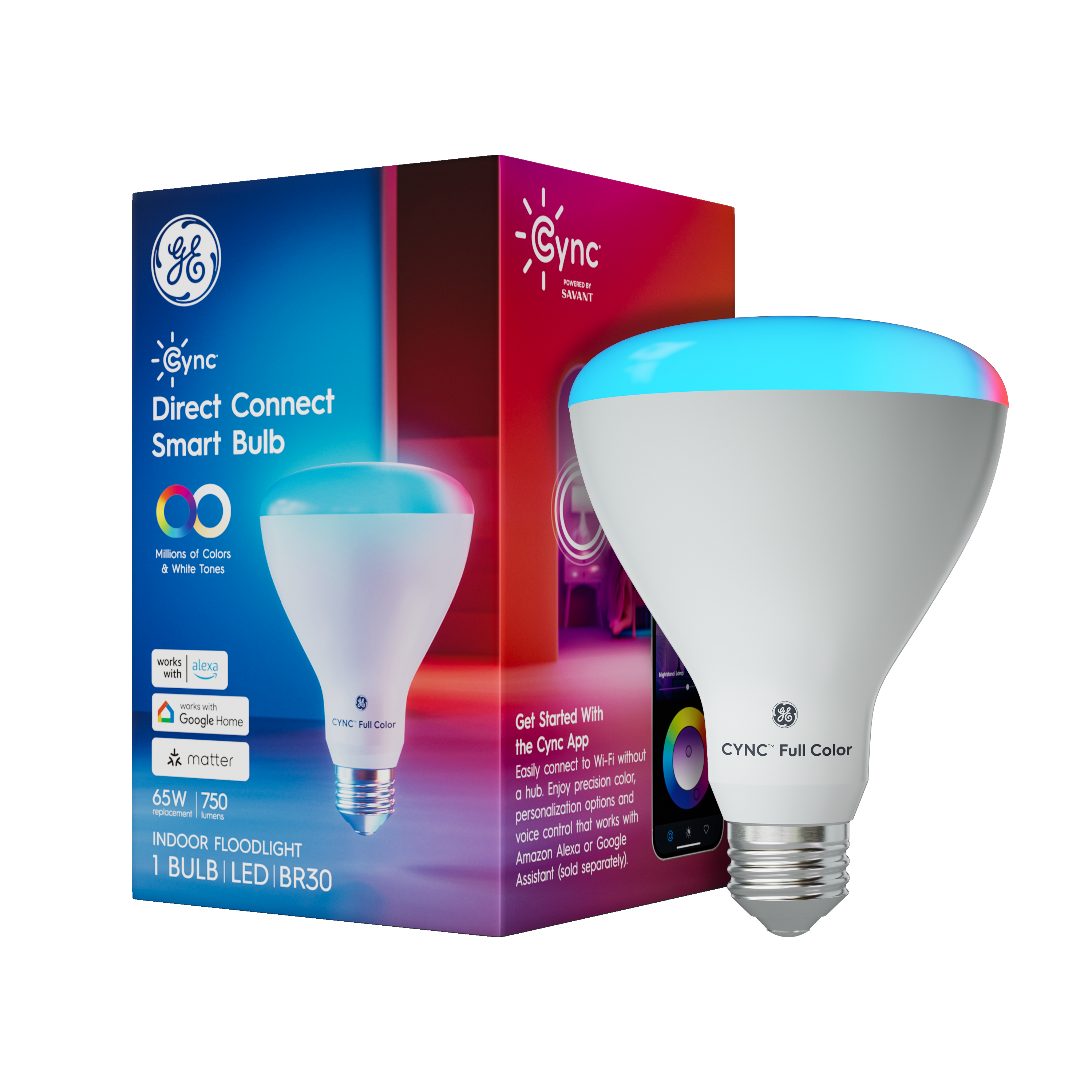 Sure, here is the corrected and grouped text from the image:

---

**G6 Cync - SAVANT Cync Direct Connect Smart Bulb**

- **Millions of Colors & White Tones**
- **65W / 750 Lumens**
- **INDOOR FLOODLIGHT**
- **1 BULB | LED BR30**

**Features:**
- Works with Alexa
- Works with Google Home
- Compatible with Matter
- CYNC Full Color

**Get Started With the Cync App:**
- Easily connect to Wi-Fi without a hub
- Enjoy precision color, personalization options, and control that works with voice Google Alexa or Amazon Alexa (Sold separately)

**Powered by SAVANT**

---

**CYNC Full Color**

- **Powered by SAVANT**

---

**Precision color, personalization options, and control that works with voice Google Alexa or Amazon Alexa (Sold separately).**
