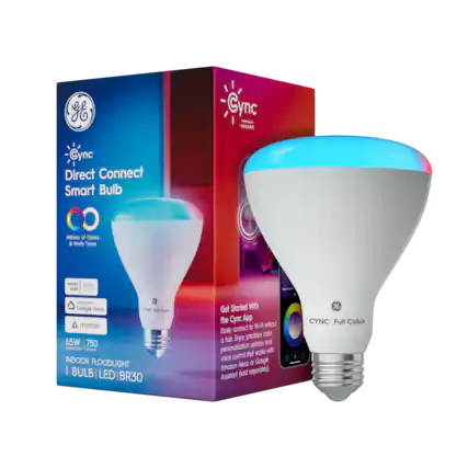 Sure, here is the corrected and grouped text from the image:
---
**G6 Cync - SAVANT Cync Direct Connect Smart Bulb**
- **Millions of Colors & White Tones**
- **65W / 750 Lumens**
- **INDOOR FLOODLIGHT**
- **1 BULB | LED BR30**
**Features:**
- Works with Alexa
- Works with Google Home
- Compatible with Matter
- CYNC Full Color
**Get Started With the Cync App:**
- Easily connect to Wi-Fi without a hub
- Enjoy precision color, personalization options, and control that works with voice Google Alexa or Amazon Alexa (Sold separately)
**Powered by SAVANT**
---
**CYNC Full Color**
- **Powered by SAVANT**
---
**Precision color, personalization options, and control that works with voice Google Alexa or Amazon Alexa (Sold separately).**