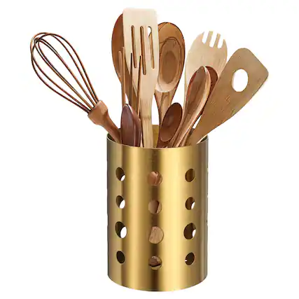 Front. Unique Bargains - Kitchen Utensil Holder, 3.9"x5.5" Round Stainless Steel with Drain Hole for Straw Spoon Chopstick - Gold.