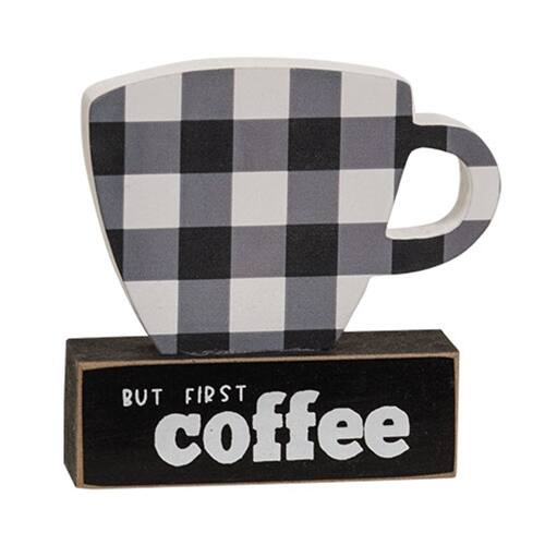 BreeBe - *But First Coffee Buffalo Check Coffee Cup on Base - Multi