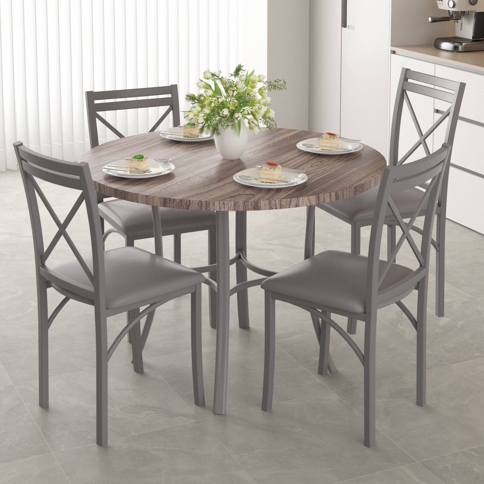 Alt View 7. Vecelo - 5-Piece Dining Table Set for 4, Heavy metal frame and Chairs with Upholstered Seats, Space-Saving Design - Grey Set.