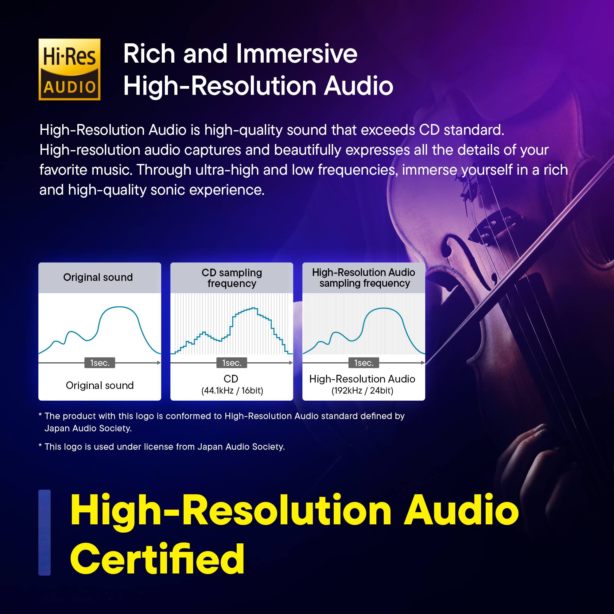 Hi-Res AUDIO

Rich and Immersive  
High-Resolution Audio

High-Resolution Audio is high-quality sound that exceeds CD standard. High-resolution audio captures and beautifully expresses all the details of your favorite music. Through ultra-high and low frequencies, immerse yourself in a rich and high-quality sonic experience.

Original sound  
CD sampling frequency  
High-Resolution Audio sampling frequency

Original sound  
CD (44.1kHz / 16bit)  
High-Resolution Audio (192kHz / 24bit)

* The product with this logo is conformed to High-Resolution Audio standard defined by Japan Audio Society.
* This logo is used under license from Japan Audio Society.

High-Resolution Audio Certified