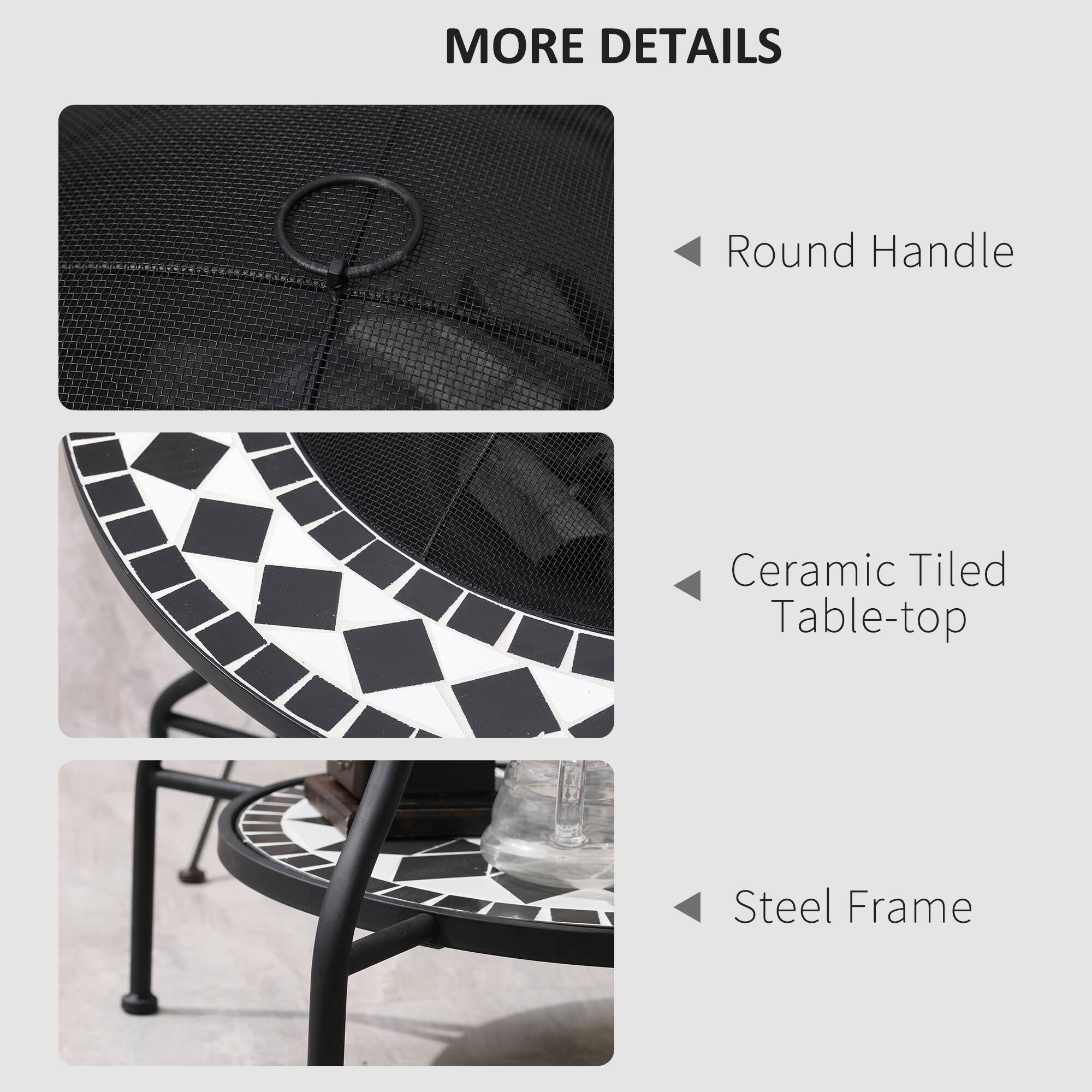 MORE DETAILS

- Round Handle
- Ceramic Tiled Table-top
- Steel Frame