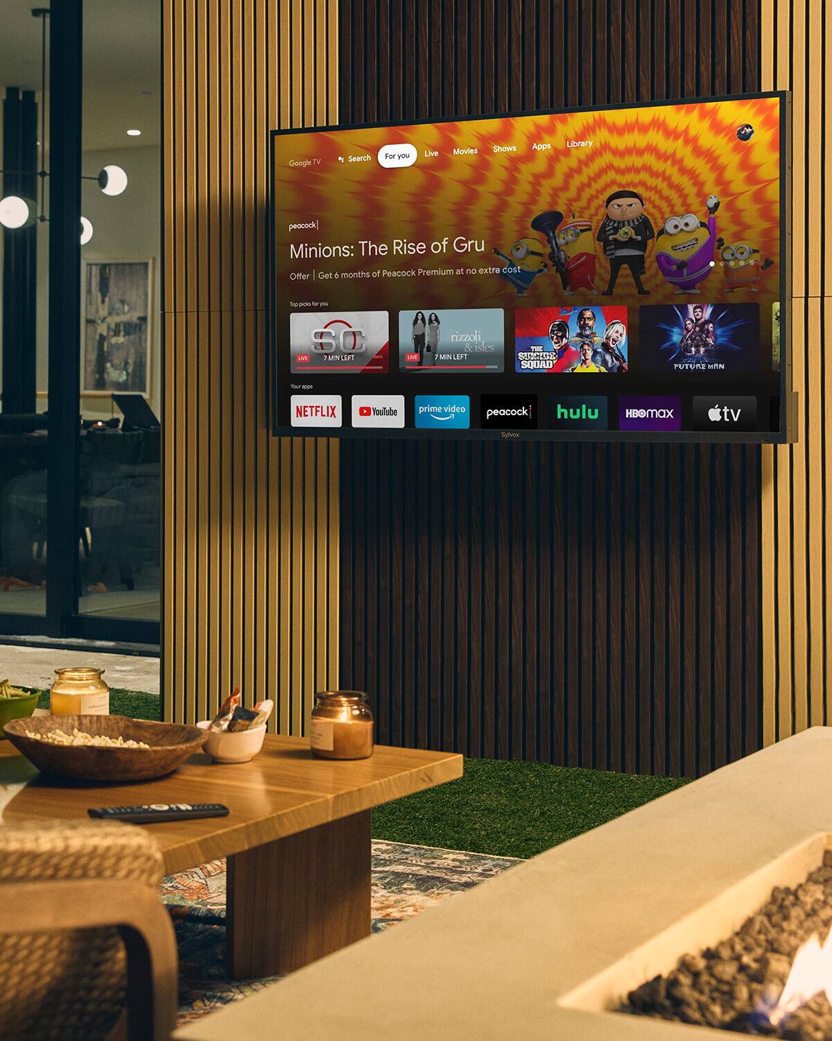 Google TV  
Search For you  
Live  
Movies  
Shows  
Apps  
Library  

peacock  
Minions: The Rise of Gru  
Premium at no extra cost  
Offer Get 5 months of Peacock  

Top picks for you  
LIVE 7MN : LEFT  
LIVE  
rizzoli & isles 7MIN LEFT  
THE SERVES SQUAD  
FUTURE MAN  

Your apps  
NETFLIX  
YouTube  
prime video  
peacock  
hulu  
HBOMAX  
tv