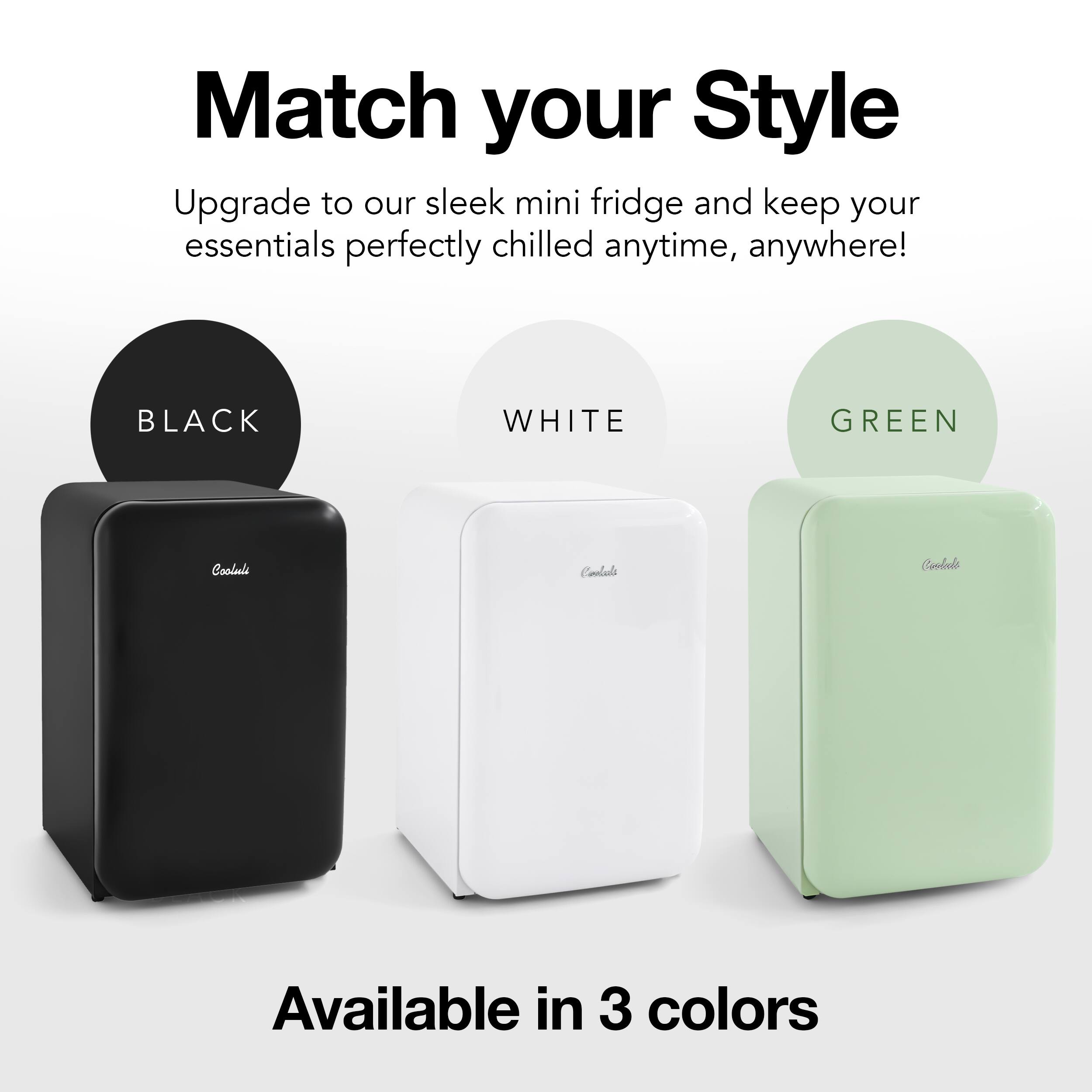 Match your Style: Upgrade to our sleek mini fridge and keep your essentials perfectly chilled anytime, anywhere! Available in 3 colors: Black, White, and Green.