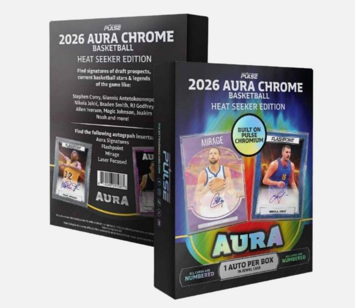 PULSE 2026 AURA CHROME BASKETBALL HEAT SEEKER EDITION

Find signatures of draft prospects, current basketball stars & legends of the game like:
- Stephen Curry
- Giannis Antetokounmpo
- Nikola Jokić
- Braden Smith
- RJ Godfrey
- Allen Iverson
- Magic Johnson
- Joakim Noah

Find the following autograph inserts:
- PULSE Aura Signatures
- Mirage
- Laser Focused
- Flashpoint

PULSETRADINGCARD.COM

1 AUTO PER BOX
ALL CARDS AND AUTO PER BOX NUMBERED

AURA NEKOLA JOKIC
BOX NUMBERED AUTO PER ARE 1
JEWEL CASE CARDS IN ALL NUMBERED