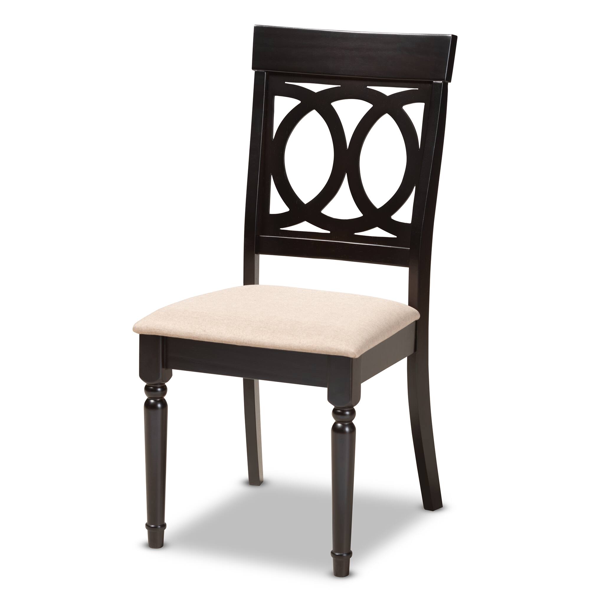 Angle. Baxton Studio - Lucie Modern and Contemporary Fabric Upholstered Espresso Finished Wood Dining Chair - Sand/Espresso.