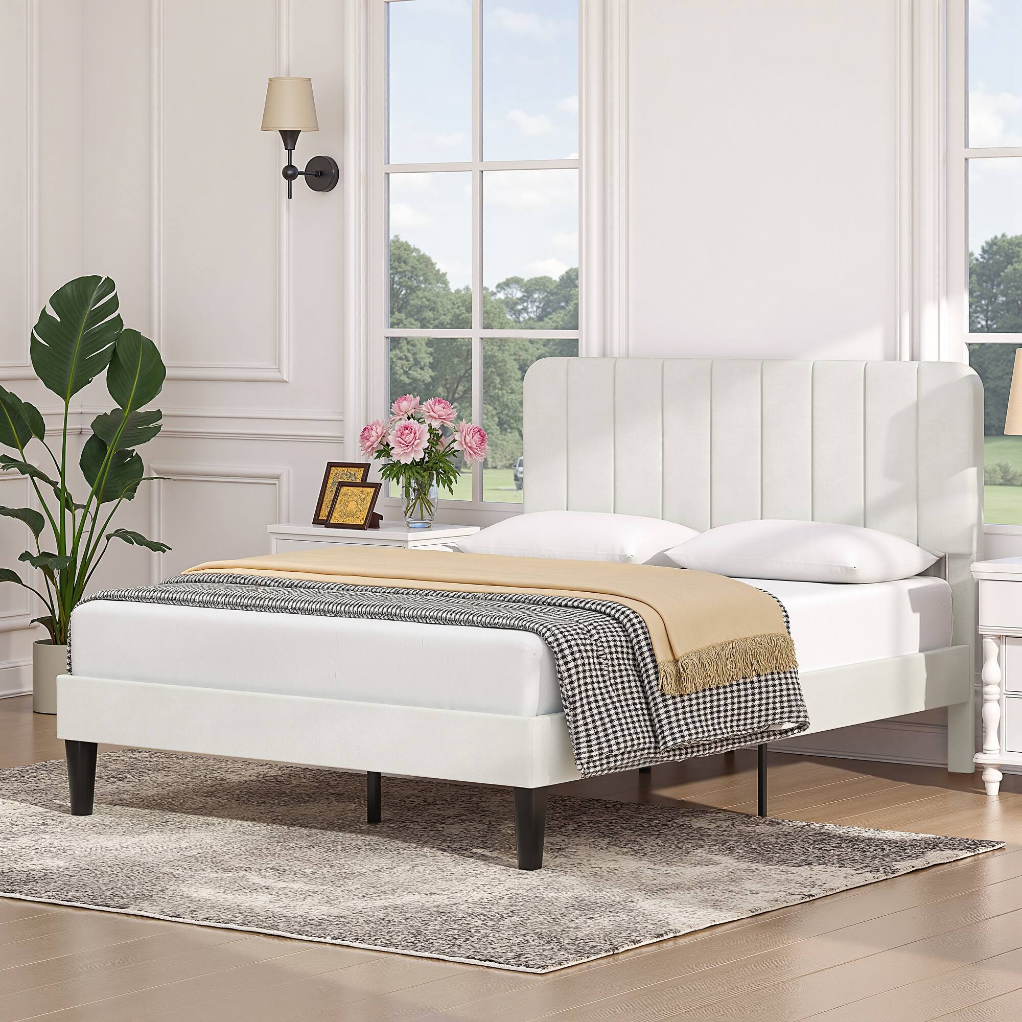 Alt View 3. Vecelo - Upholstered Queen Size Platform Bed Frame with Adjustable Headboard,Velvet Bed Frame No Box Spring Needed - White.