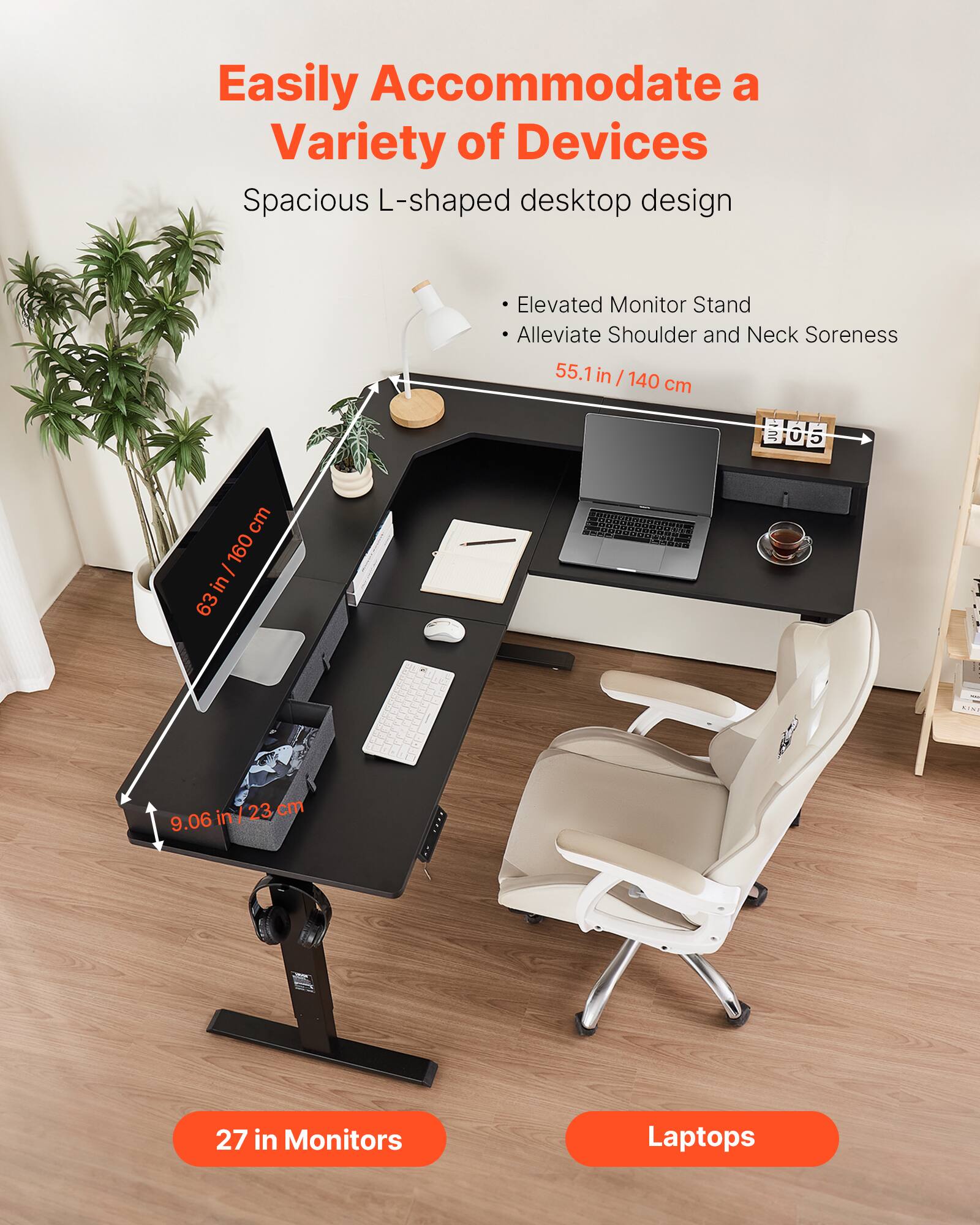 Easily Accommodate a Variety of Devices, Spacious L-shaped desktop design, Elevated Monitor Stand, Alleviate Shoulder and Neck Soreness, 55.1 in / 140 cm, 63 in / 160 cm, 9.06 in / 23 cm, 27 in Monitors, Laptops