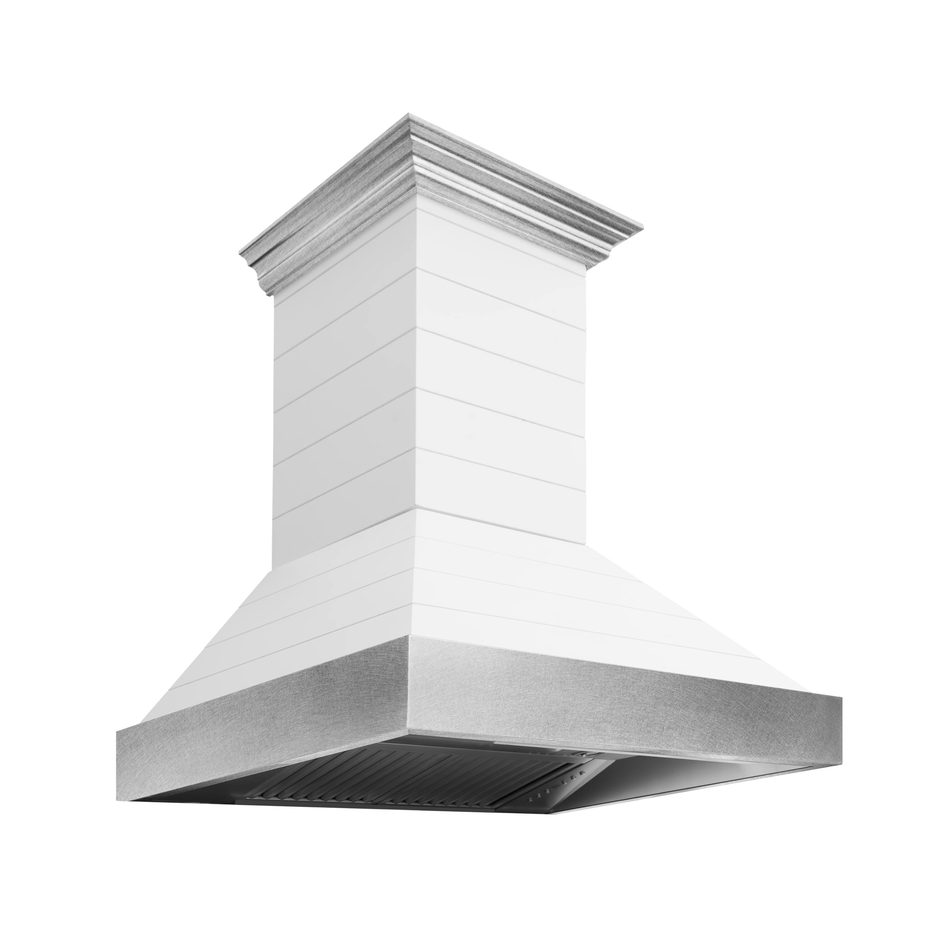 Left. ZLINE - ZLINE 30 in. Wooden Wall Mount Range Hood in Rustic Shiplap Bright White Finish with Stainless Steel Accents (365WW-30) - White.