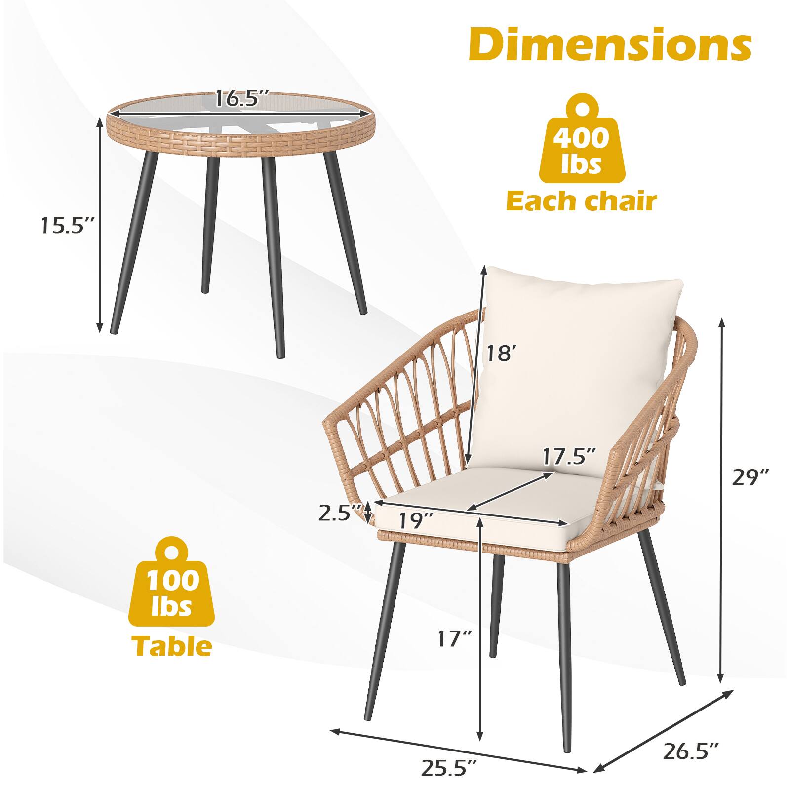 Dimensions:

- Table: 16.5" diameter, 15.5" height, 100 lbs capacity
- Each chair: 18" height, 17.5" seat width, 19" seat depth, 29" overall height, 2.5" armrest height, 25.5" width, 26.5" depth, 400 lbs capacity