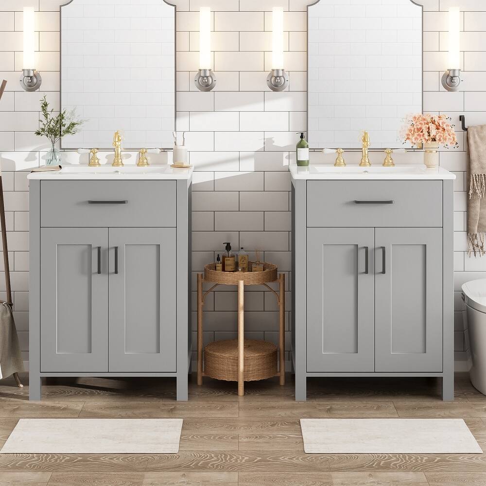 Back. Loheer - Loheer 48 inch double bathroom vanity Grey Freestanding Cabinet with Ceramic Sinks - Grey.