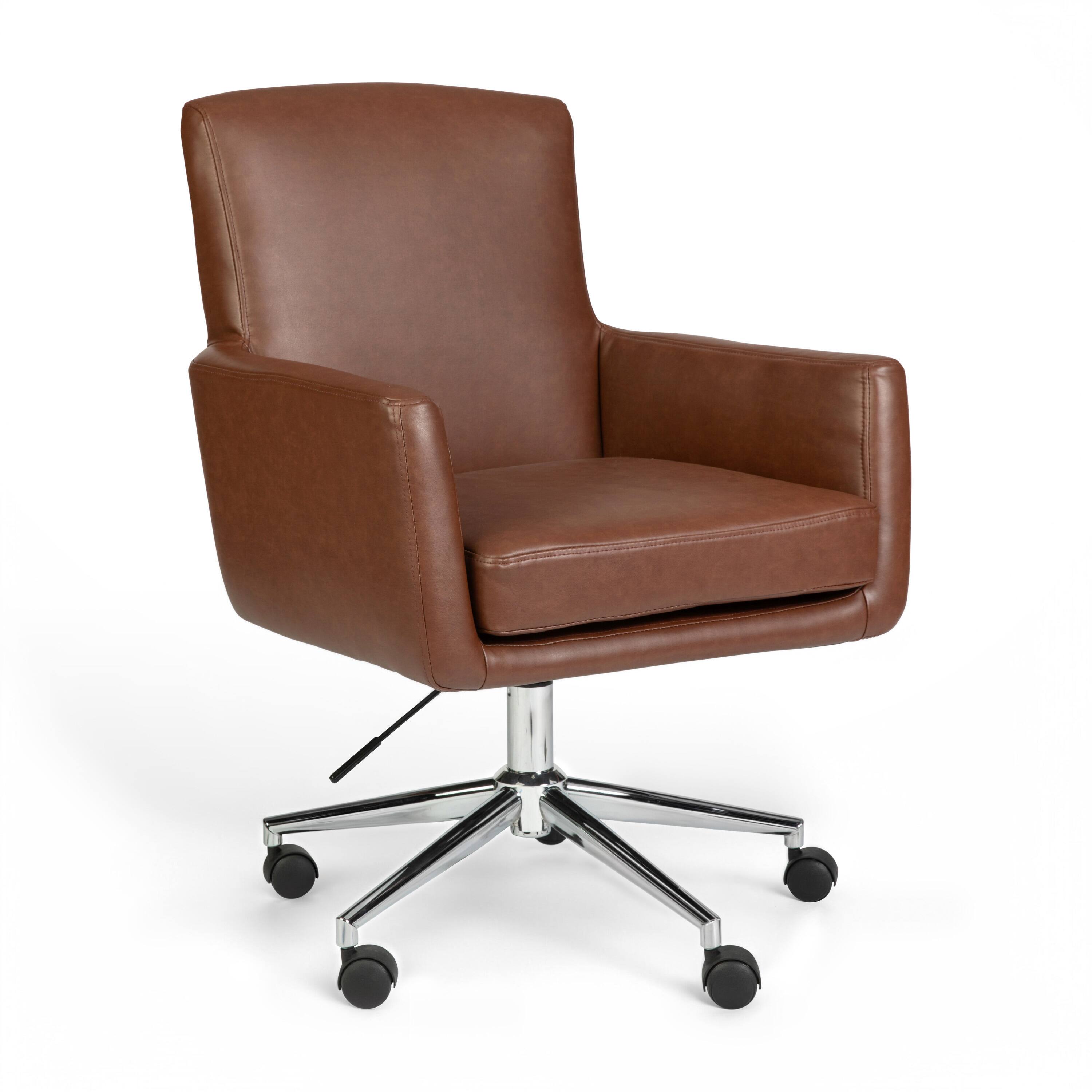 Front. Martha Stewart - Zaya Upholstered Swivel Home Office Chair with Padded Arms - Saddle Brown Faux Leather/Polished Nickel Frame.