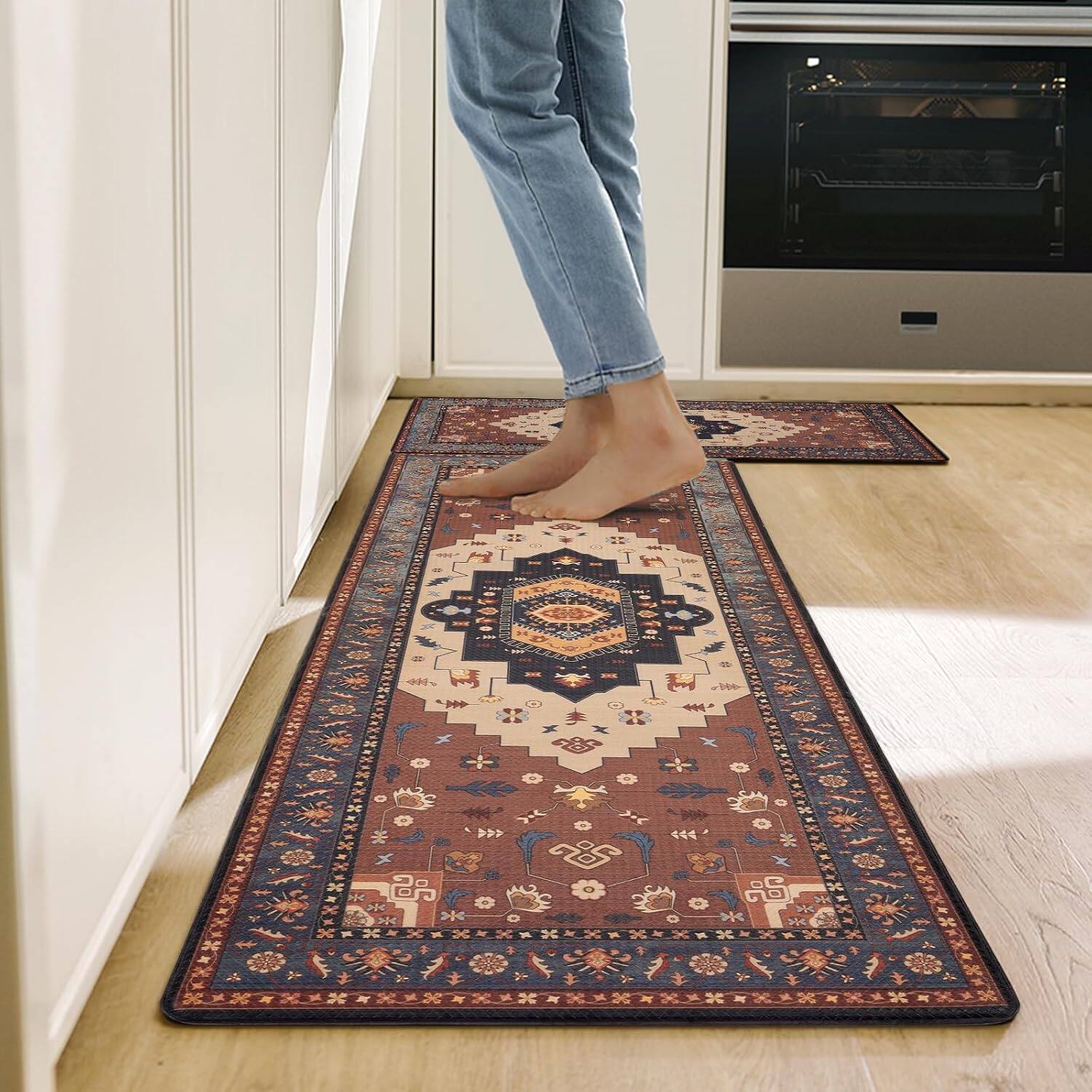 Alt View 4. mosiso - 2 Pcs Kitchen Rugs Set-18"x30"+47"x18" Non Slip Kitchen Mats For Kitchen Floor Hallway Laundry Washable Floor Mat - H1044.