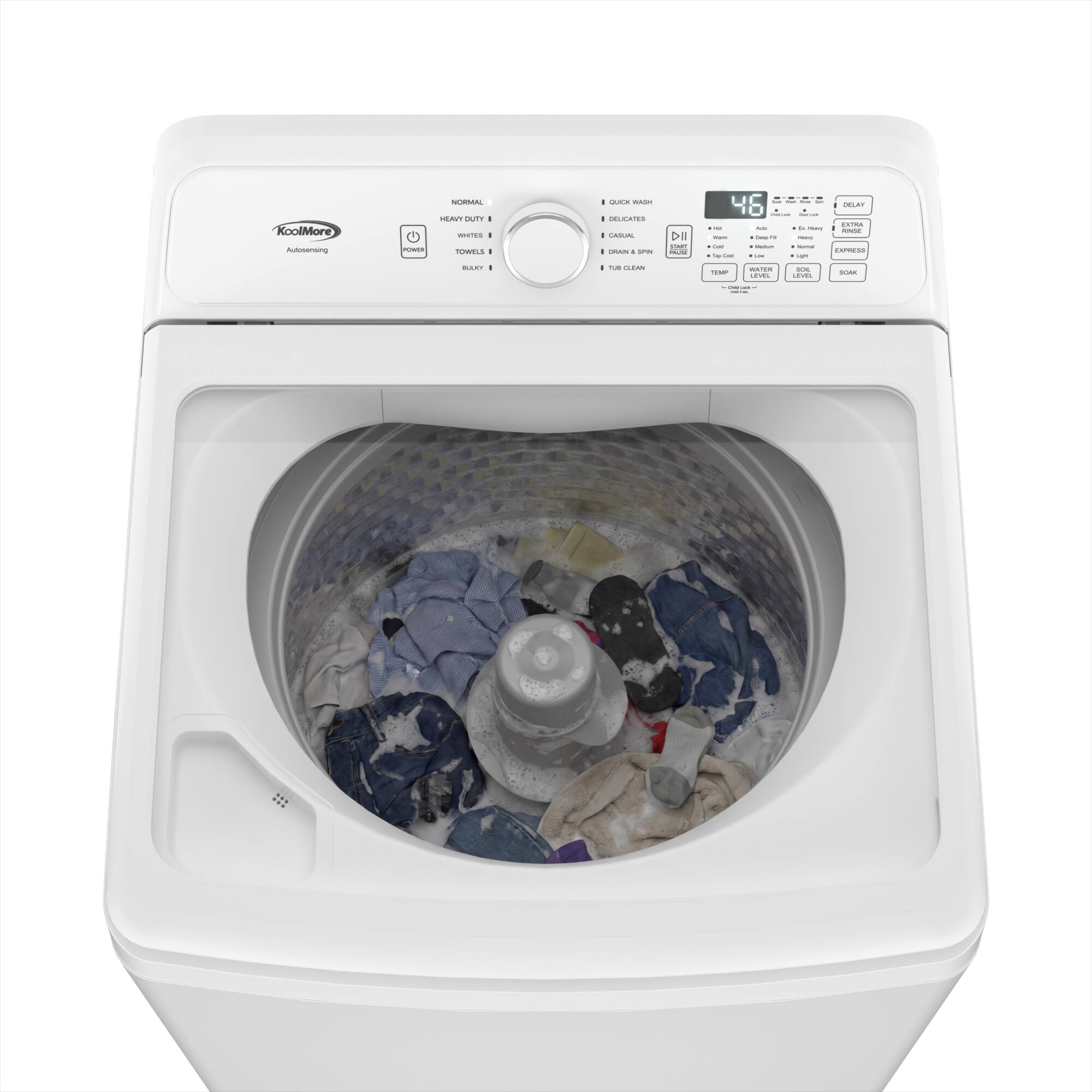KoolMore - NORMAL - HEAVY DUTY - WHITES & TOWELS - BULKY - 1 QUICK WASH - 2 DELICATES - 3 CASUAL - 4 DRAN & SPIN - 5 TUR CLEAN - 46 - POWER - AUTOSEAMING - DELAY - START - FABRIC - Heavy - Normal - Towels - Bulky - Water - Level - Temp - Level - Soap