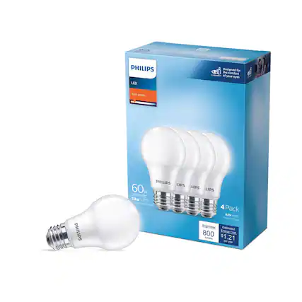 PHILIPS LED FE C
Designed for the comfort of your eyes
Soft white
PHILIPS 60w replacement* 10w LED
PHILIPS 4 Pack A19 bulb Medium base
Brightness 800 lumens
Estimated Energy Cost $1.21 per year